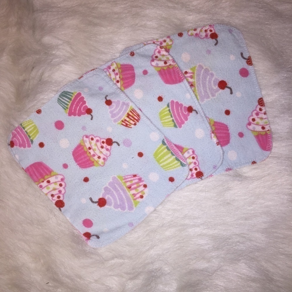 Homemade Cloth wipes set of 3 with cupcake design